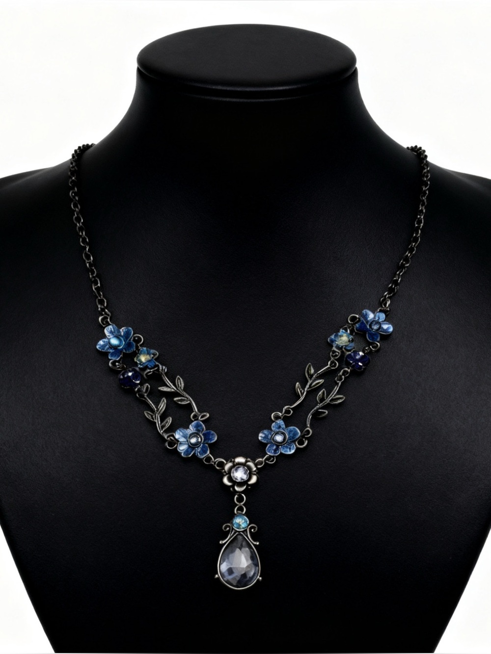 Avon Blue Floral Crystal Teardrop Necklace